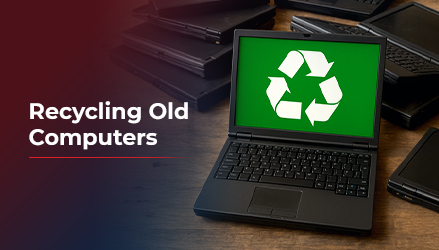 Recycling old computers, the blog title is displayed on the left, and on the right, a computer displays the recycling graphic icon with a green background on the screen.