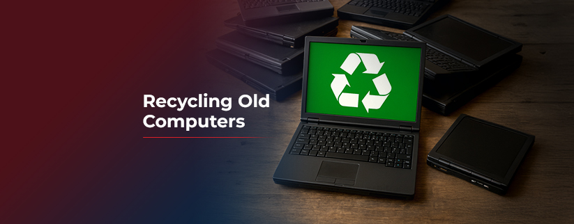 Recycle old computers blog image displays a computer with the recycling graphic icon on the screen with a green background.