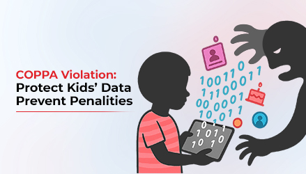 Violation of COPPA takes place when children's data is misused. COPPA Violation is the blog title, placed on the left, and on the right is a graphic representing the unlawful collection of children's information.