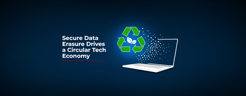 This image displays the icon of a circular economy near a laptop from which data is being erased. The graphic represents the contribution of data erasure to a circular economy.