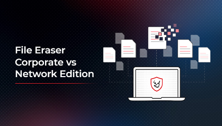 Thumbnail image showing a laptop with a security shield and digital files being erased, representing File Eraser Corporate vs Network Edition.