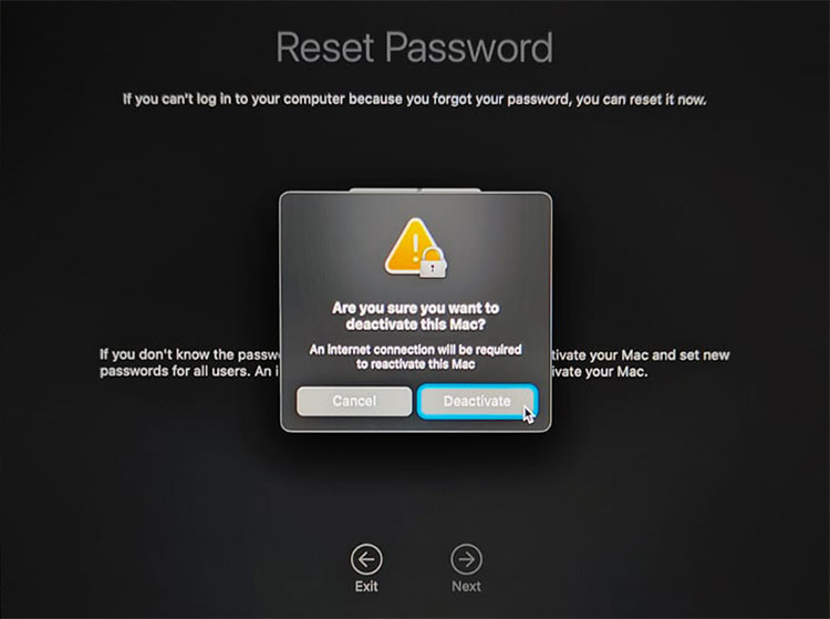 M1 Mac Deactivate this Mac Screen with Deactivate Button Highlighted