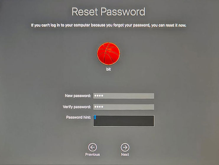 M1 Mac Password Reset Screen New Password Entered