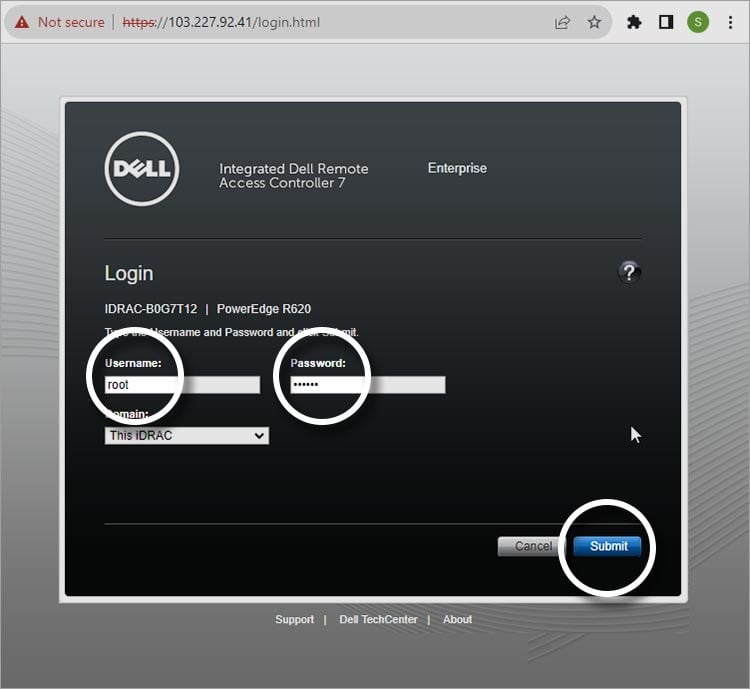 Enter the IP Address of Dell PowerEdge Server then Enter Credentials and Click Submit