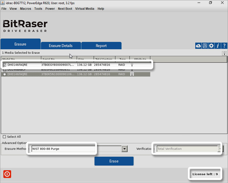 Select Media to Erase Method of Erasure & Verification Type