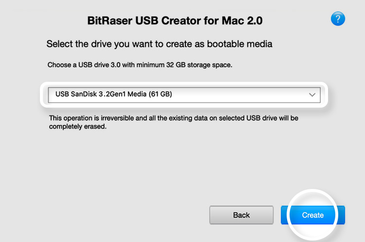 Select the USB to make the BitRaser USB for wiping M2 Mac