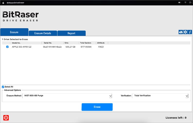 BitRaser Home Screen with Connected Drives