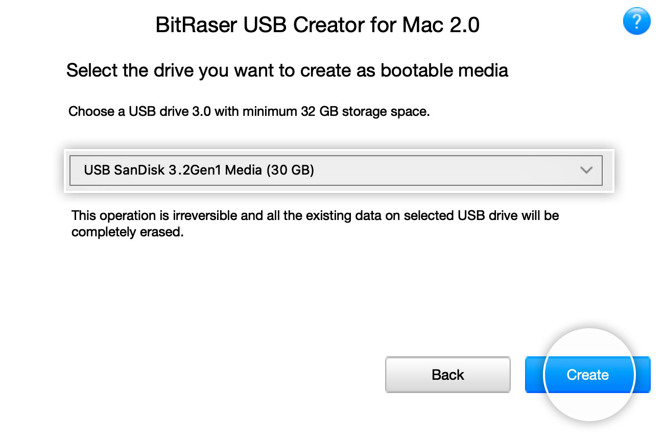 Wählen Sie USB und klicken Sie auf Create