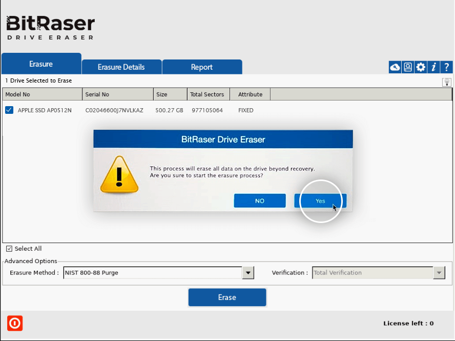 Klicken Sie auf Erase und dann auf Yes,um T2 Mac zu löschen