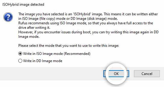 Click OK to Write in ISO Image Mode