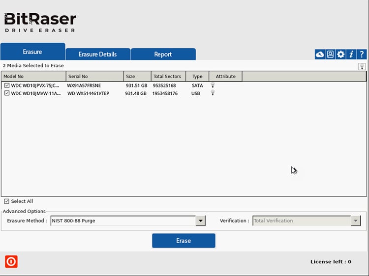 BitRaser Main Interface with Connected Drives