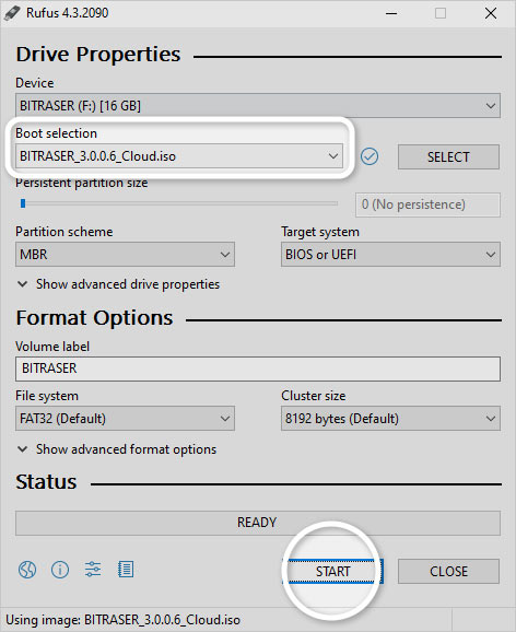 Wählen Sie die heruntergeladene BitRaser ISO-Datei und klicken Sie auf START