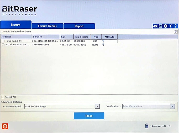 BitRaser Hauptbildschirm mit angeschlossenem USB