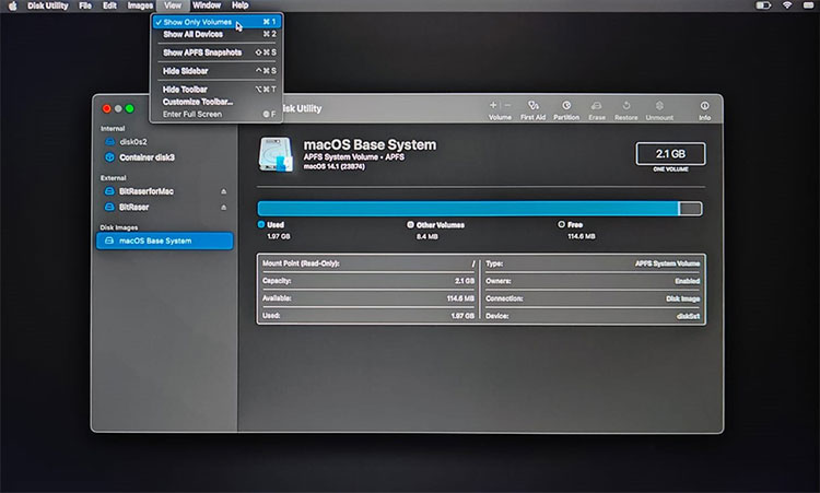 On Disk Utility Screen Go to View and Select Show Only Volumes