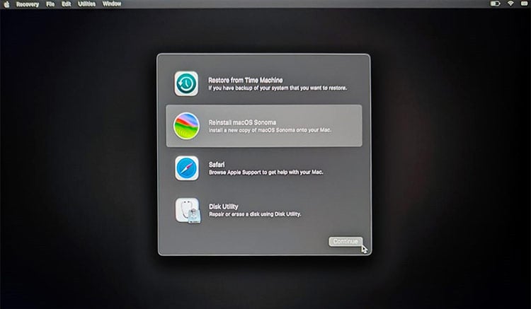 Select Reinstall macOS Sonoma then Click Continue