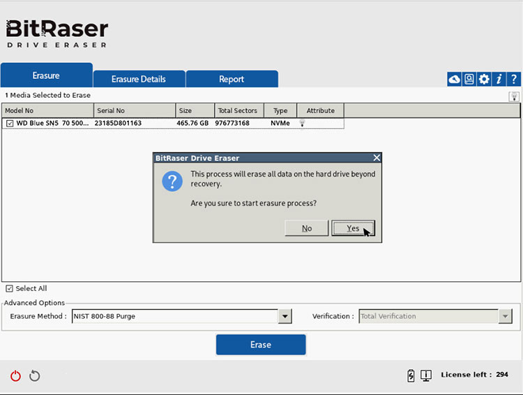 Select SSD to Wipe the Erasure Method and Click-Erase then Click Yes