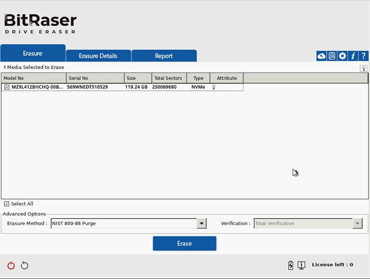 BitRaser Main Interface with Microsoft Surface Drives