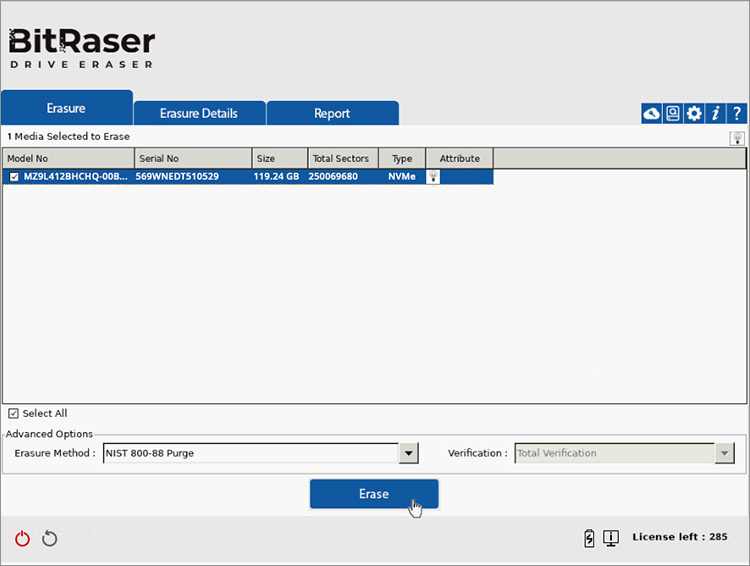 Select Erasure Method, Verification, Drive to Wipe then Click Erase