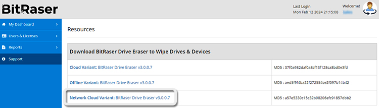 BitRaser Cloud Console Support Section Screen with focus on Network Cloud Variant