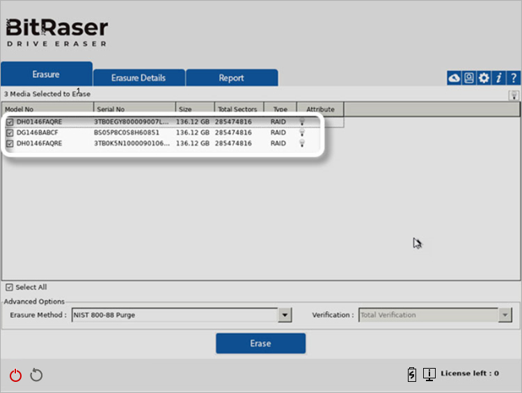 BitRaser Drive Eraser Main Interface with RAID Storage Devices Highlighted