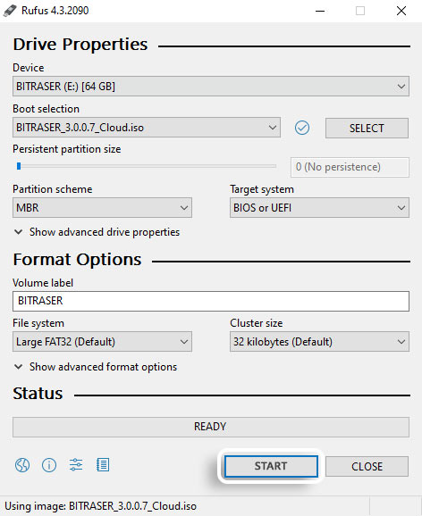 Rufus main interface with BitRaser _3.0.0.7_Cloud ISO selected in Boot selection and Start button highlighted