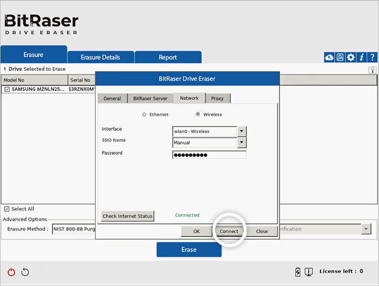 BitRaser Drive Eraser network settings interface with wireless connection selected and Connect button highlighted