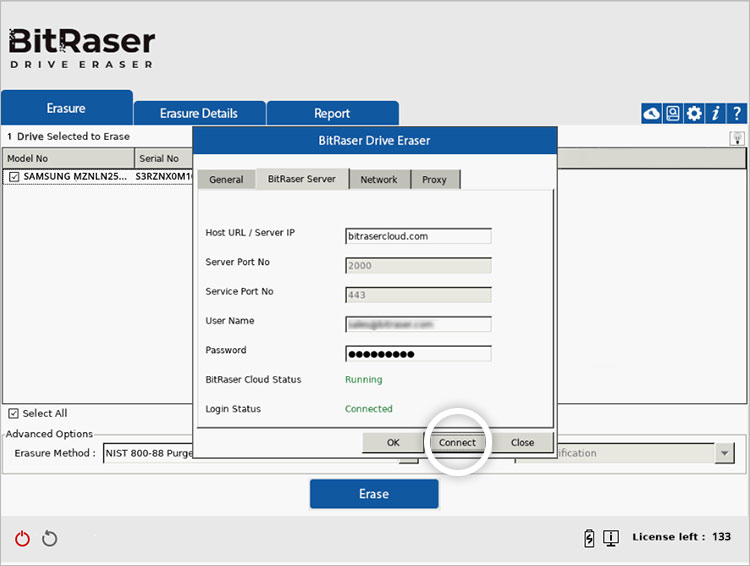 BitRaser Drive Eraser screen showing BitRaser server settings interface with user name and password entered and Connect button highlighted