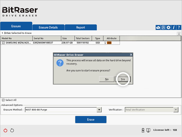 BitRaser Drive Eraser alert windows informing all data will be wiped beyond recovery and Yes button highlighted 
