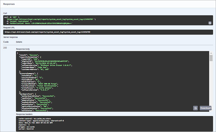 BitRaser API screen fetching erasure reports by system asset tag