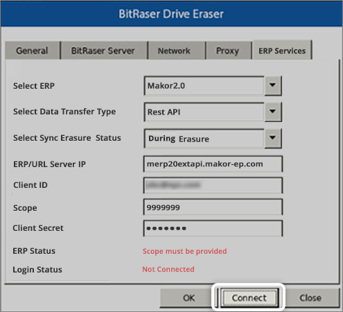 BitRaser Drive Eraser ERP Services Settings tab displaying various fields that must be entered to connect to Makor ERP 2.0 and the Connect button at bottom is highlighted
