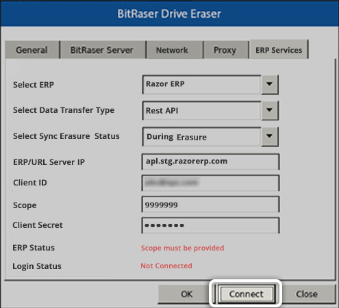 BitRaser Drive Eraser ERP Services Settings tab showing the fields that must be entered to connect to Razor ERP and the Connect button at bottom is highlighted