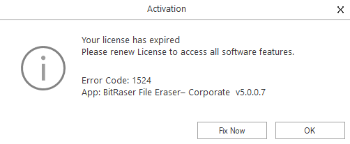 BitRaser File Eraser Corporate Error Code 1524 Screen