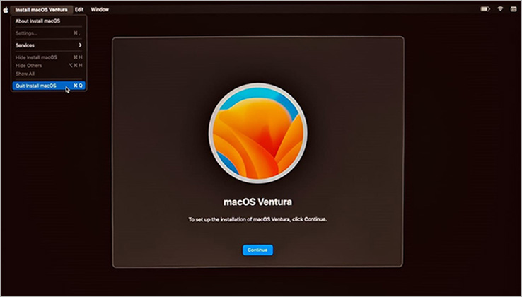 Reinstall macOS Ventura Screen with Quit Install macOS option highlighted