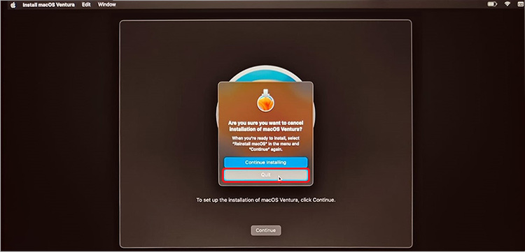 M1 Mac Quit Reinstall macOS Screen Confirmation Screen with Quit Button Highlighted