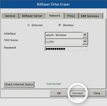 BitRaser Drive Eraser Network Settings Tab with Connect Button Highlighted