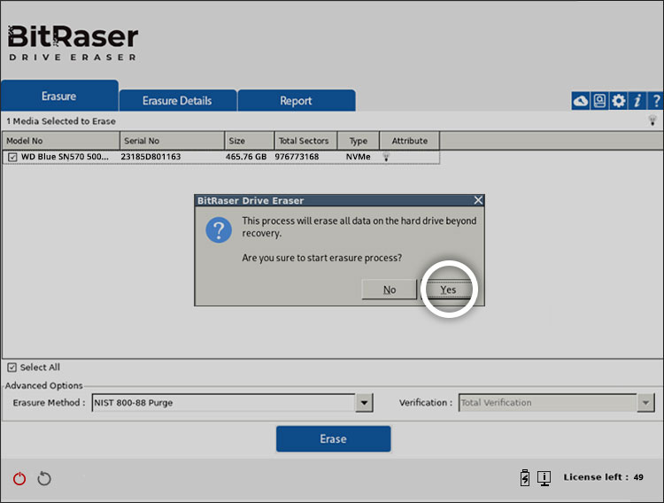 BitRaser Drive Eraser: Confirmation Window Highlighting 'Yes' Button