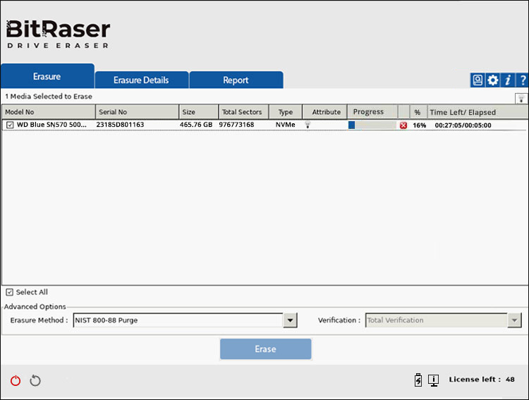 BitRaser Drive Eraser Offline Variant Erasure Progress Screen