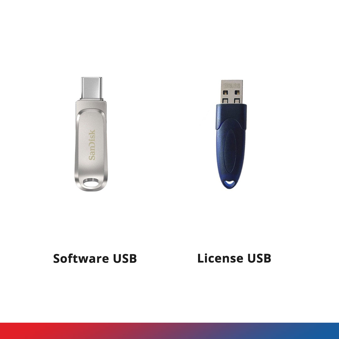 SanDisk USB with 'Software' Label and Blue USB with 'License' Label
