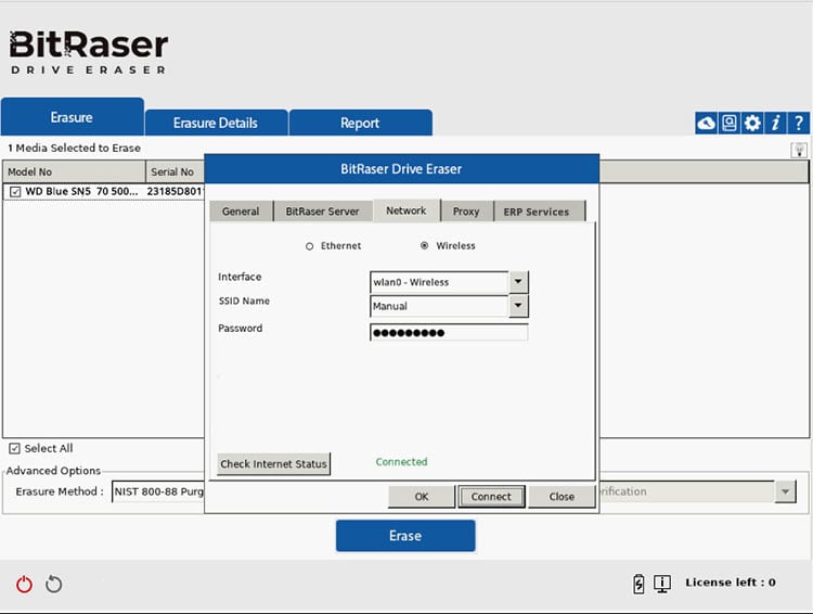 BitRaser Drive Eraser Network Tab Wireless Button Selected