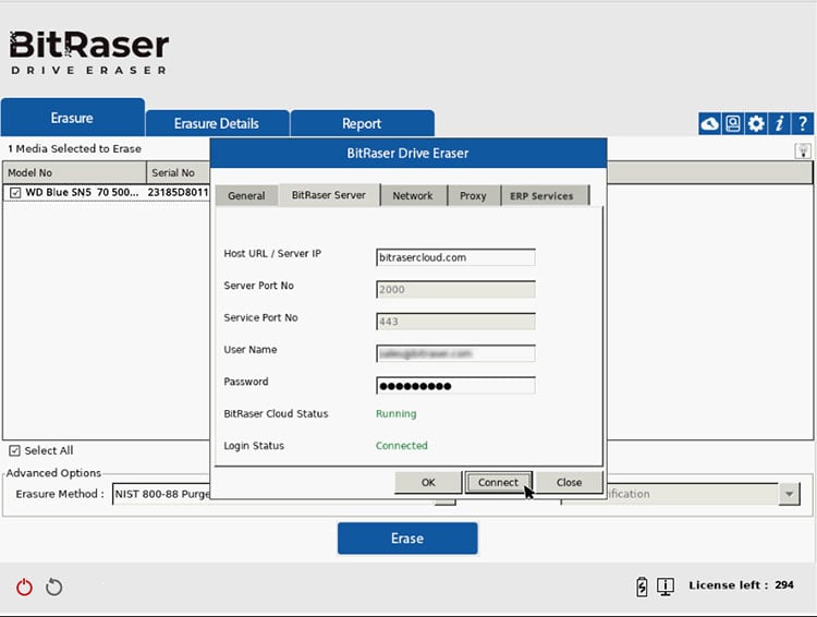 BitRaser Server Tab in BitRaser Drive Eraser Software