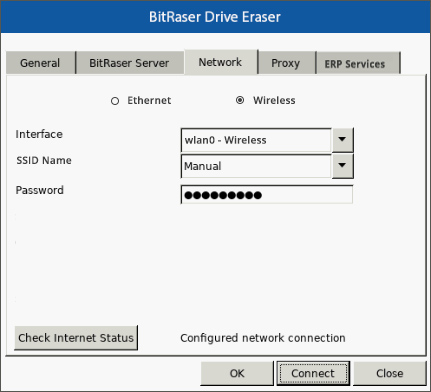 Network Tab of BitRaser Drive Eraser with Wireless Option Selected