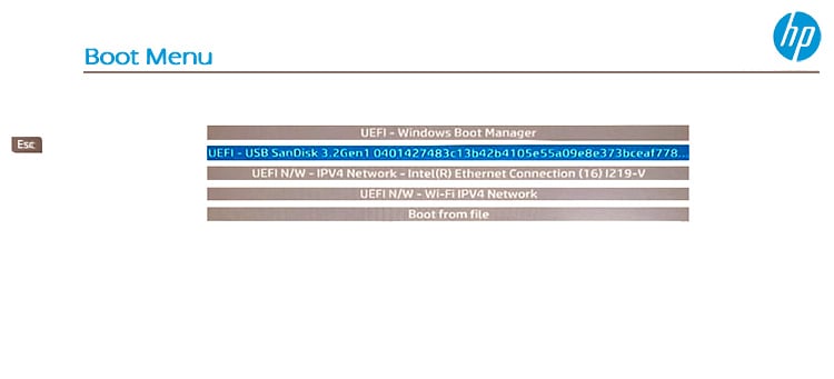 HP EliteBook Boot Menu External BitRaser USB Drive Selected