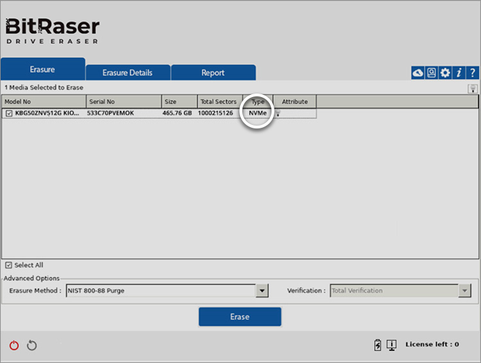 BitRaser Drive Eraser Main Screen NVMe highlighted under type 