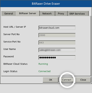 BitRaser Drive Eraser Server tab Connect button highlighted