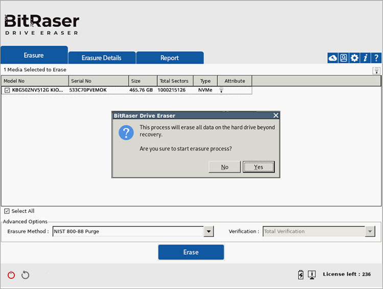 BitRaser Confirm Erasure Alert Window on BitRaser Main Interface