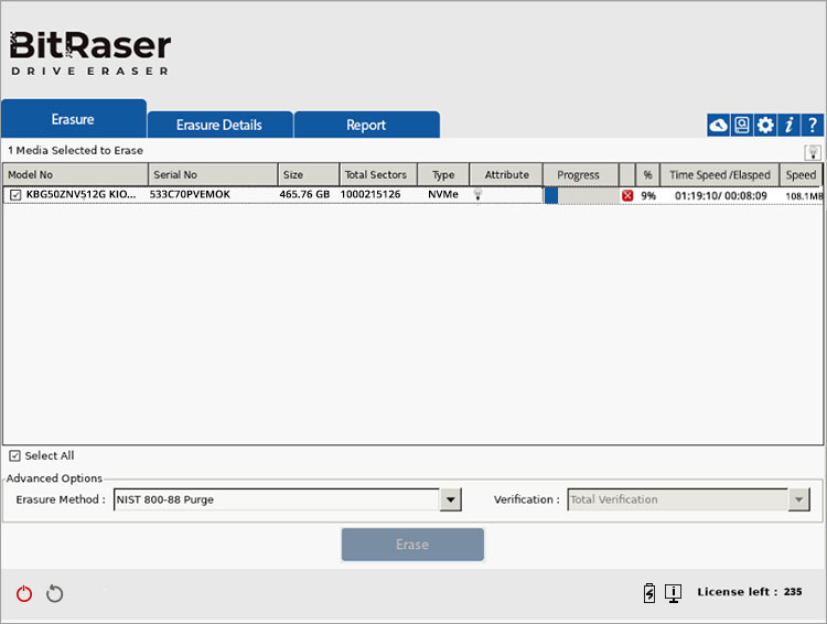 BitRaser NVMe Drive Erasure Progress Screen
