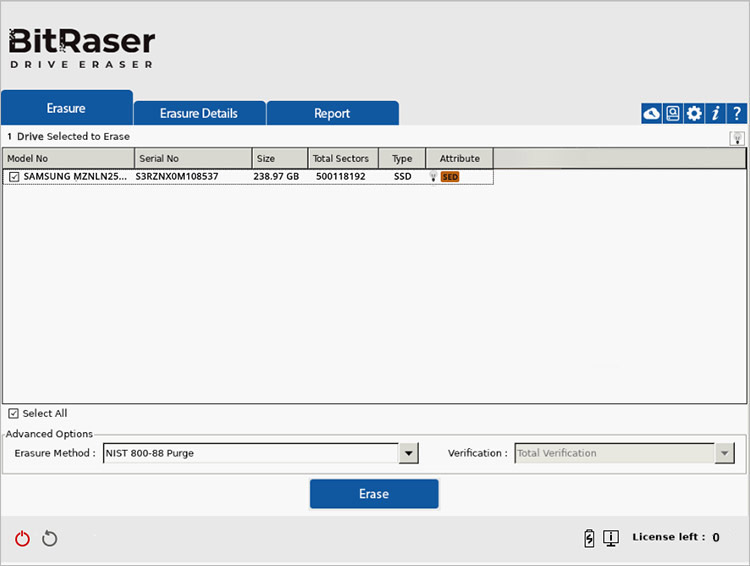 BitRaser Drive Eraser main interface showing the connected drive listed as SED under attributes
