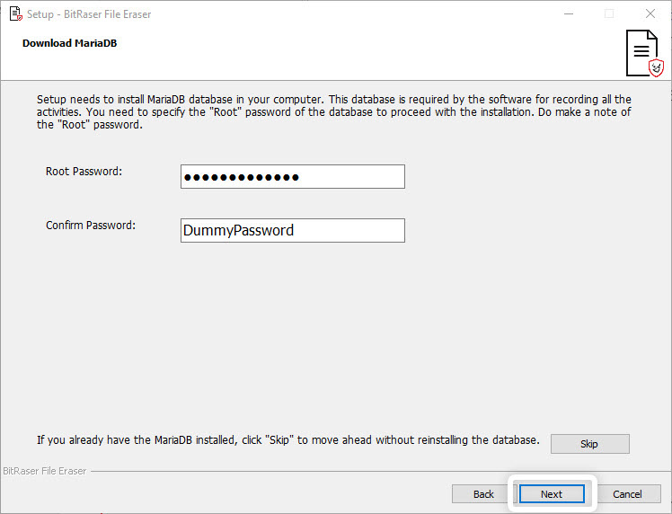 BitRaser File Eraser Corporate (Windows) Download MariaDB screen