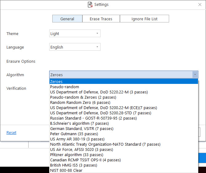 General Settings Choose Erasure Algorithm Screen BitRaser File Eraser Corporate 