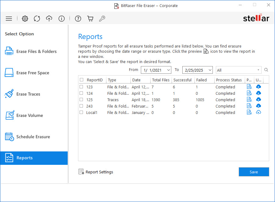 Reports Tab – BitRaser File Eraser Corporate